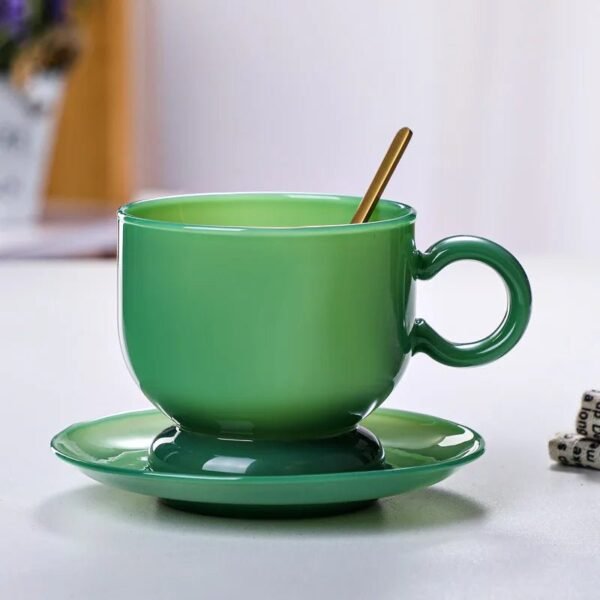 Nordic & Minimalist Style Green Jade Glass Coffee Cup Set and Saucer Heat Resistant for Home Office Bar Use