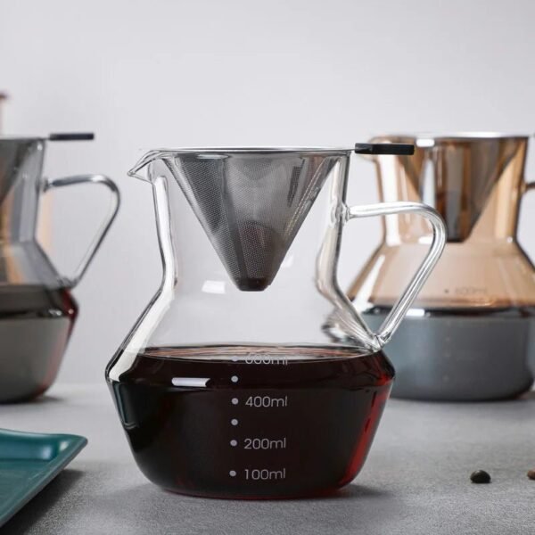 Modern Design Eco-Friendly High Borosilicate Glass Coffee Pot Pot Cover 304 Stainless Steel Filter Composite Hand Grip Oven Safe